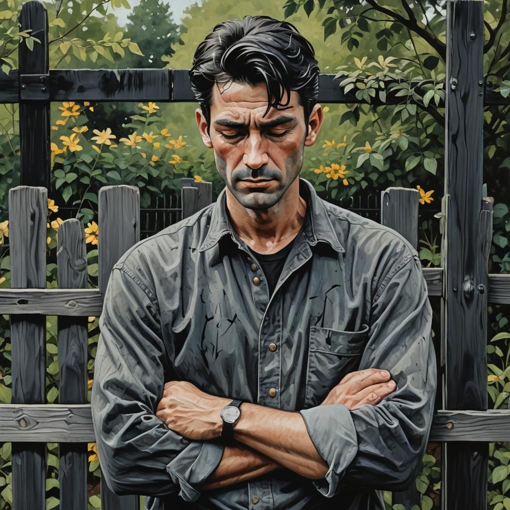 Content Man Leaning on Fence in Abstract Style