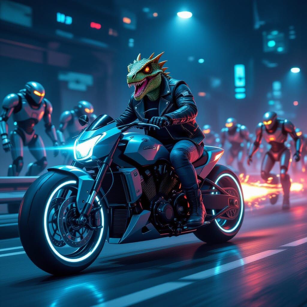 Dinosaur Man's Cyberpunk Motorcycle Escape