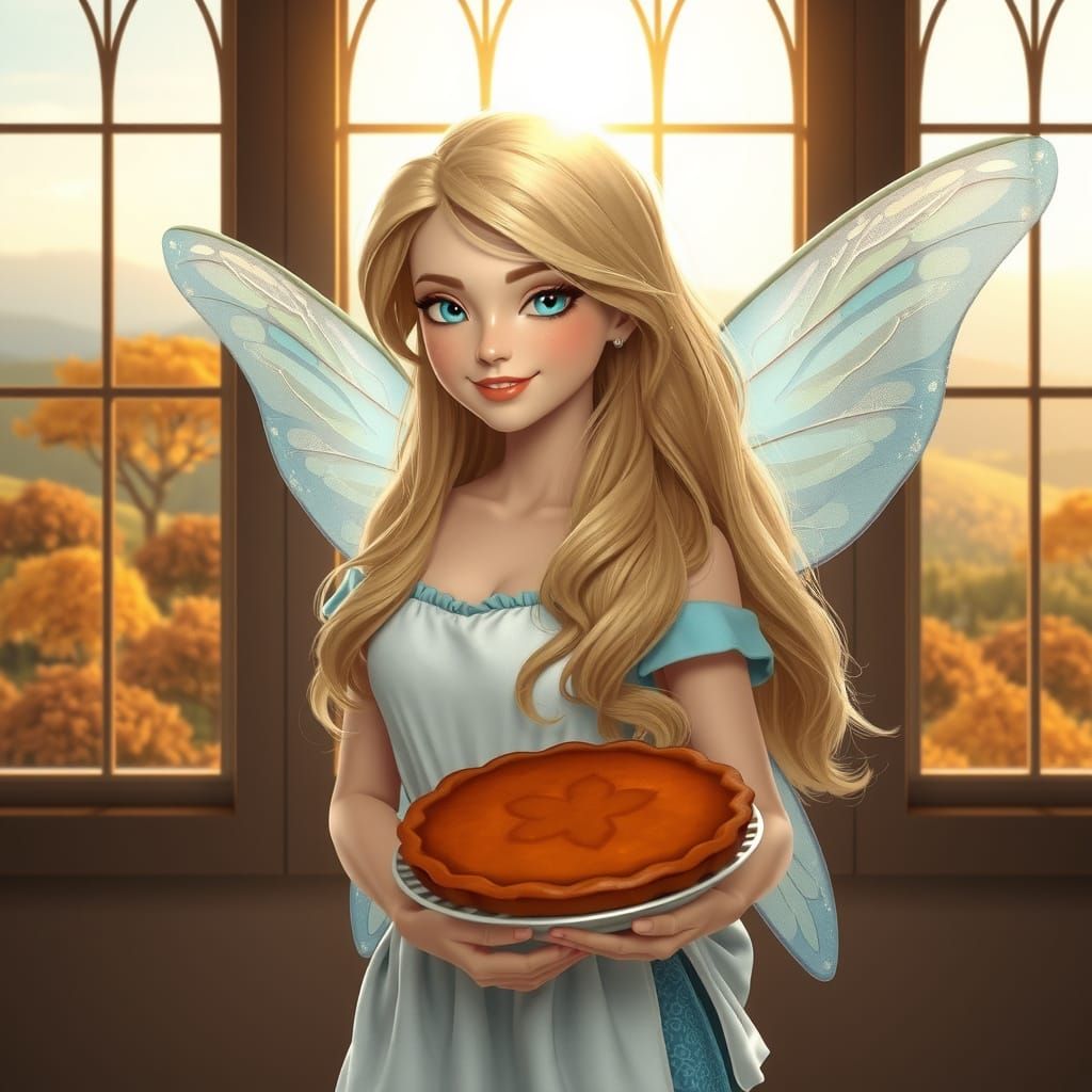 Blue Fairy in Autumn Landscape with Pumpkin Pie