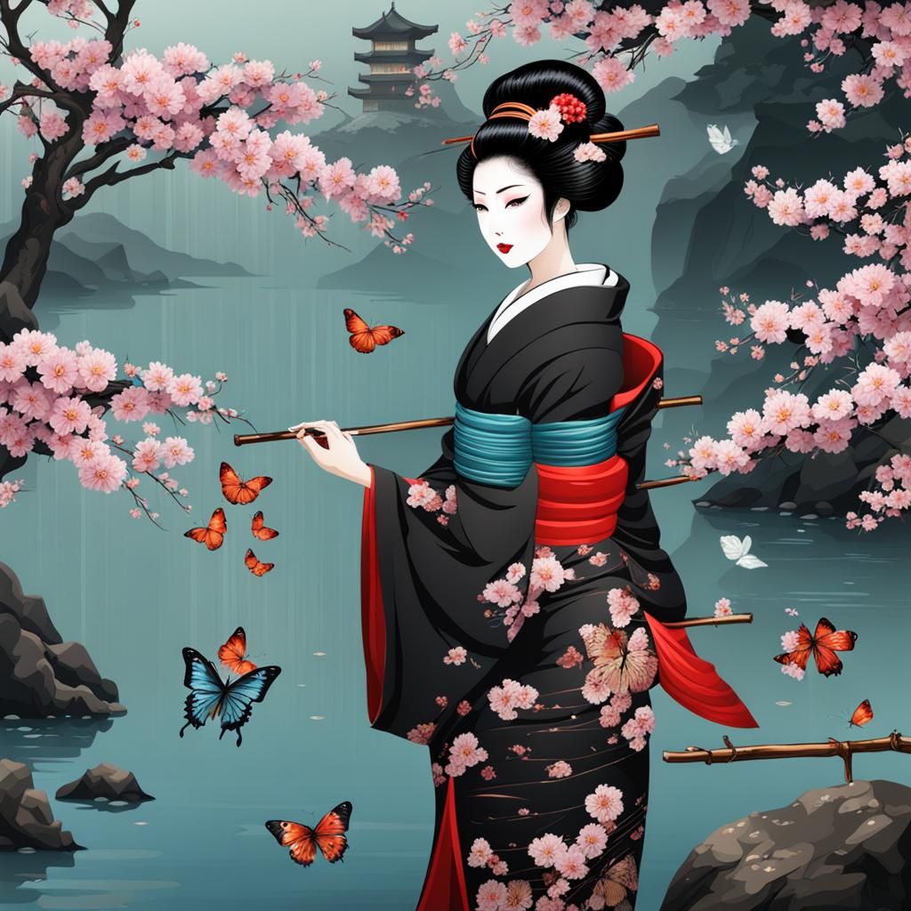 Geisha with Cherry Blossoms and Waterfall Scene