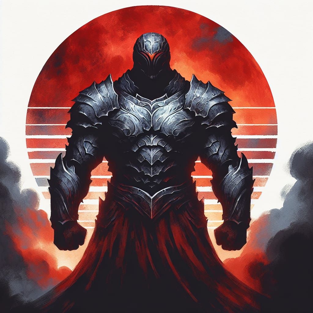 Armored Warrior Silhouette at Sunset in Sumi-e Style