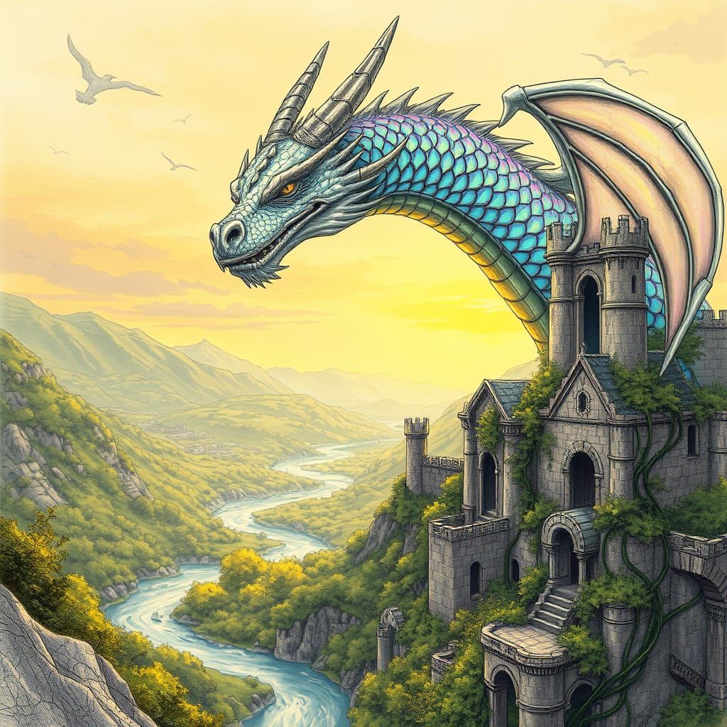 Regal Dragon in Lush Landscape, Ancient Castle Background