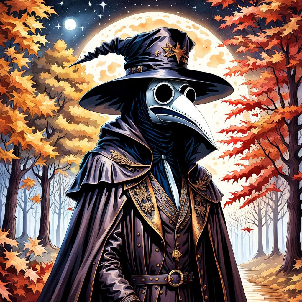 Victorian Plague Doctor in Gothic Forest: Watercolor Paintin...