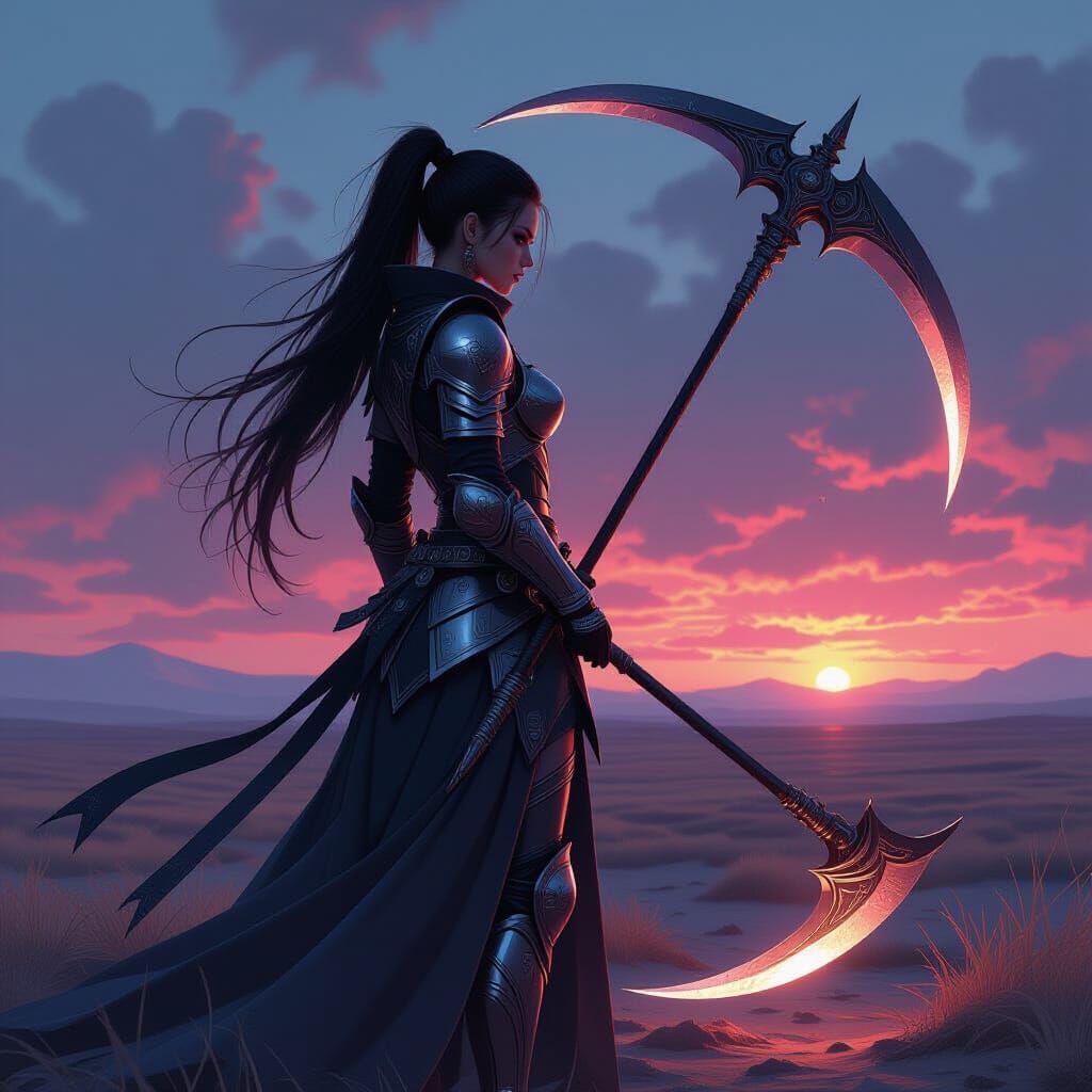 Stoic Female Warrior Wielding Scythe in Akatsuki-Inspired Ar...
