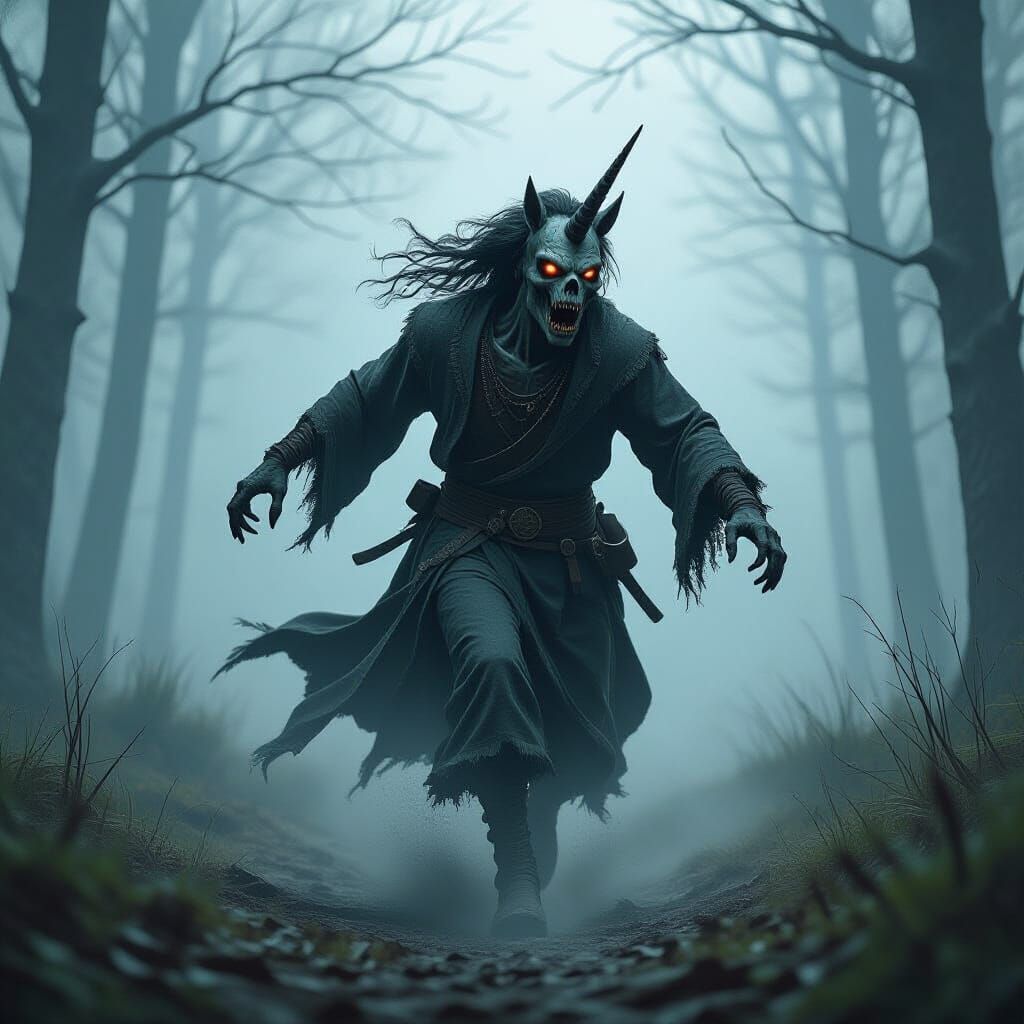 Zombie Unicorn in Eerie Forest, Dark Fantasy Art