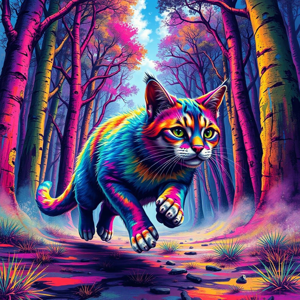 Iridescent Cat in Kaleidoscopic Gouache Forest