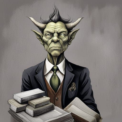 Confident Goblin Leader with Books, Pencil Sketch