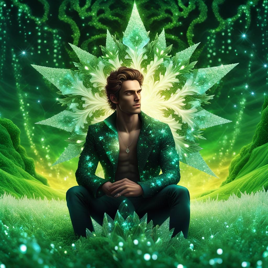 Crystalline Man in a Glowing Fractal Landscape
