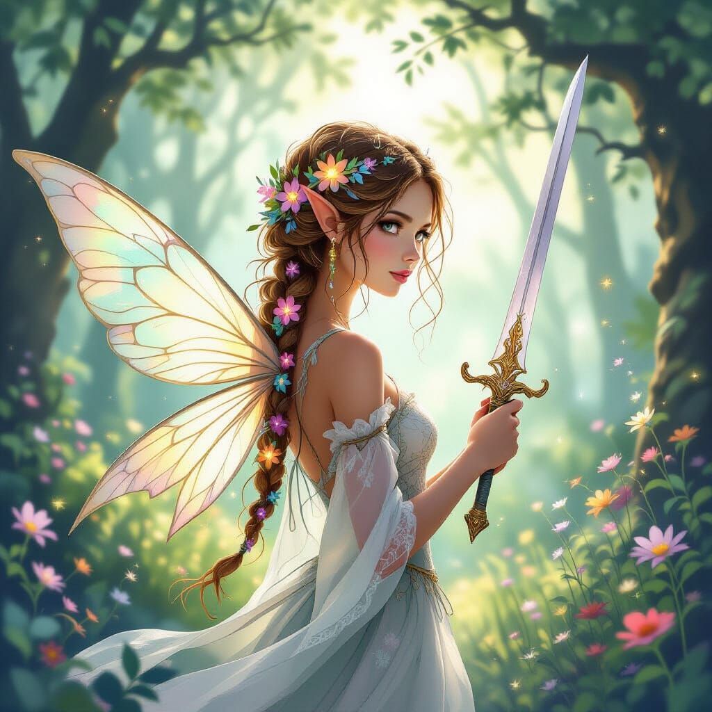 Ethereal Fairy in Dreamy Forest Clearing, Watercolor Style