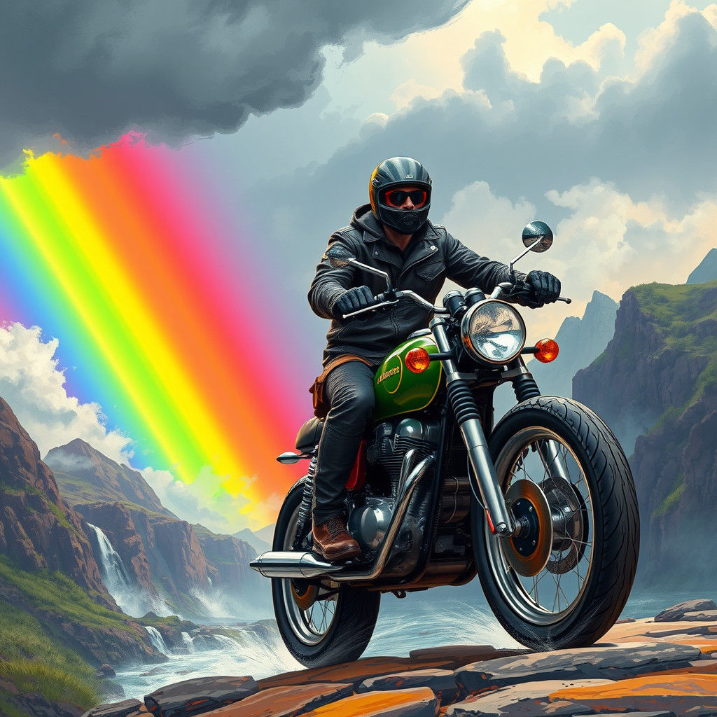 Biker Rides Rainbow Across Stormy Mountain Landscape