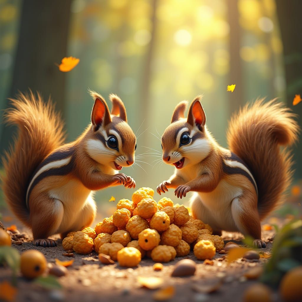 Frenzied Forest Creatures Clash for Golden Nuts in Whimsical...