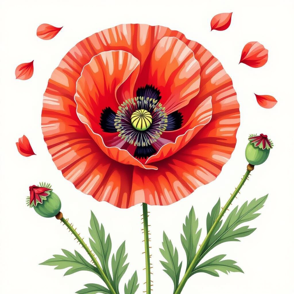 Botanical Watercolor of a Vibrant Red Poppy