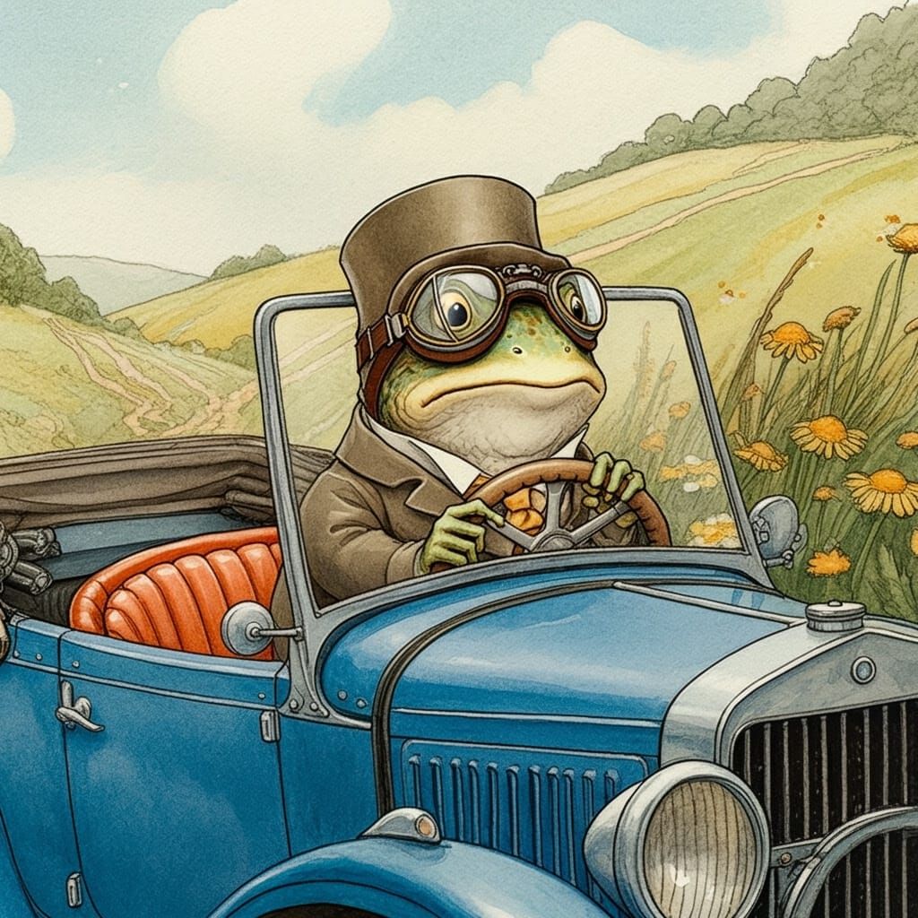 Mr Toad wearing a vintage driving suit and goggles, sitting ...