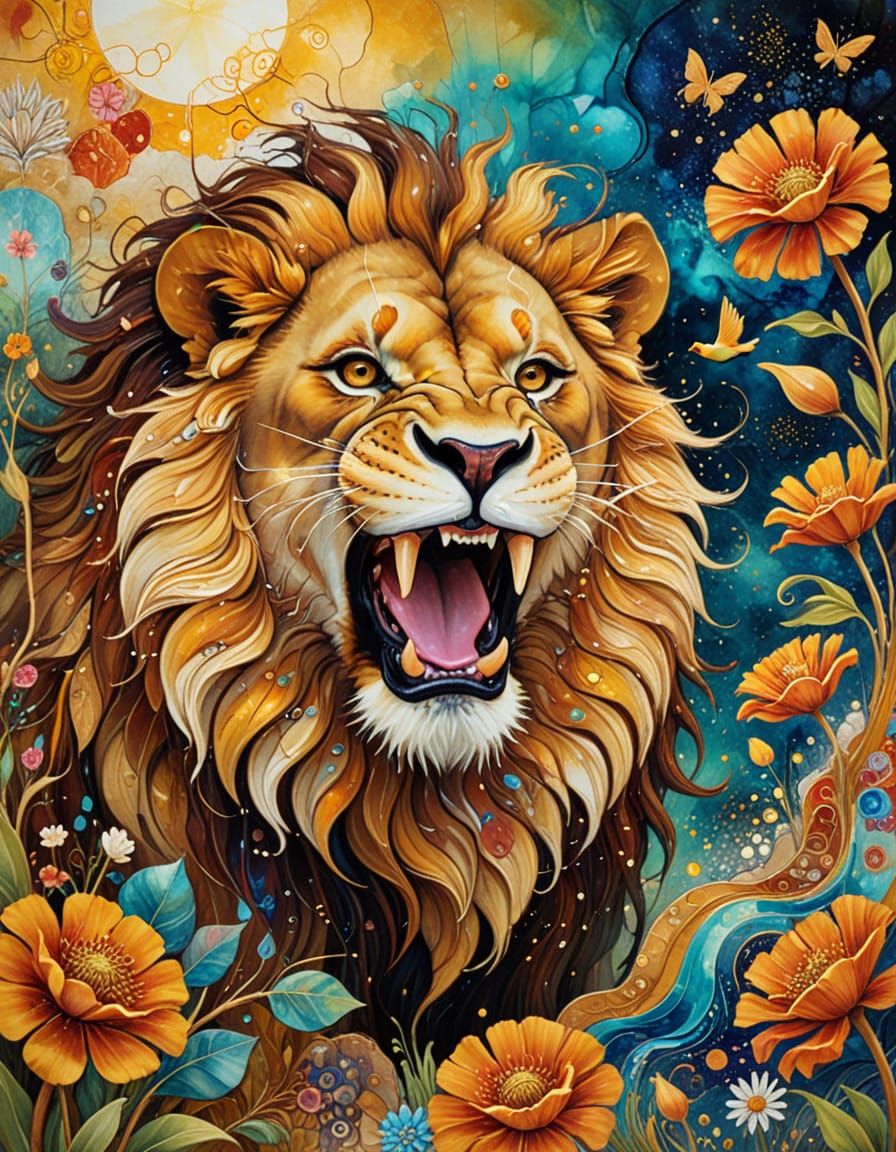 Joyful Lion with Duck in Surrealist Landscape