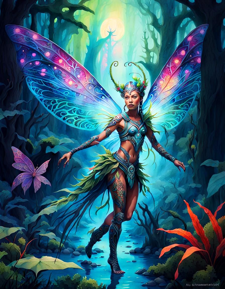 Alien Fairy in Bioluminescent Swamp: Watercolor Art