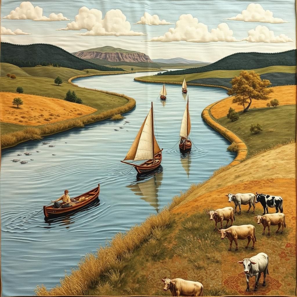 Surreal Patchwork Landscape with Drakkar Ships Sailing
