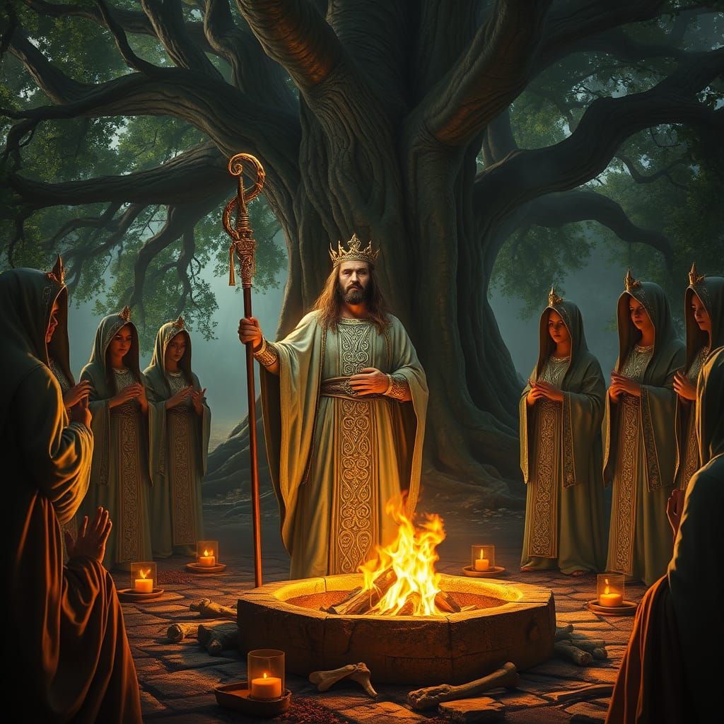 Baltic Mythology Ritual Scene in an Ancient Oak Grove
