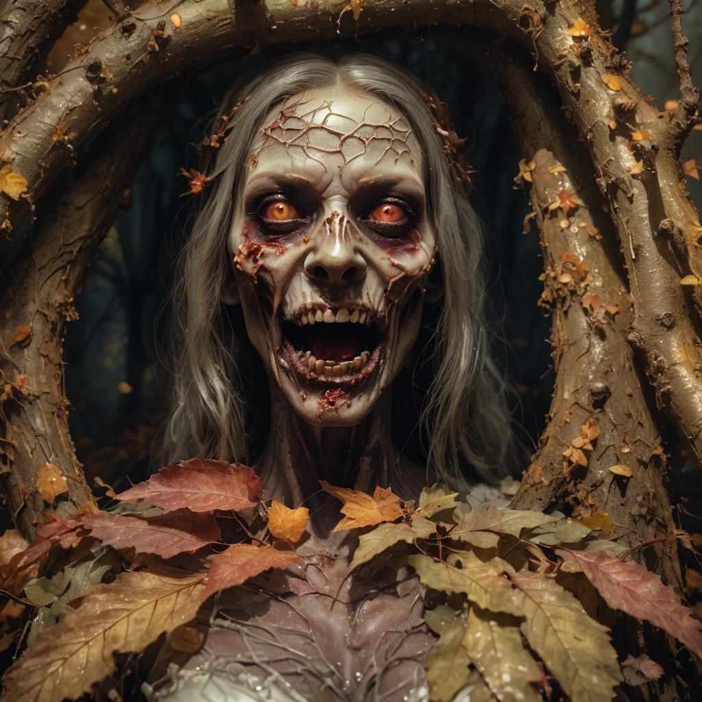Zombie Bride in Autumn Forest: Hyperrealistic Rendering