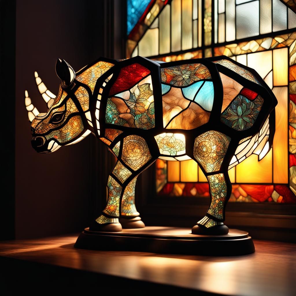 Stained Glass Rhino Lamp with Double Exposure Motifs