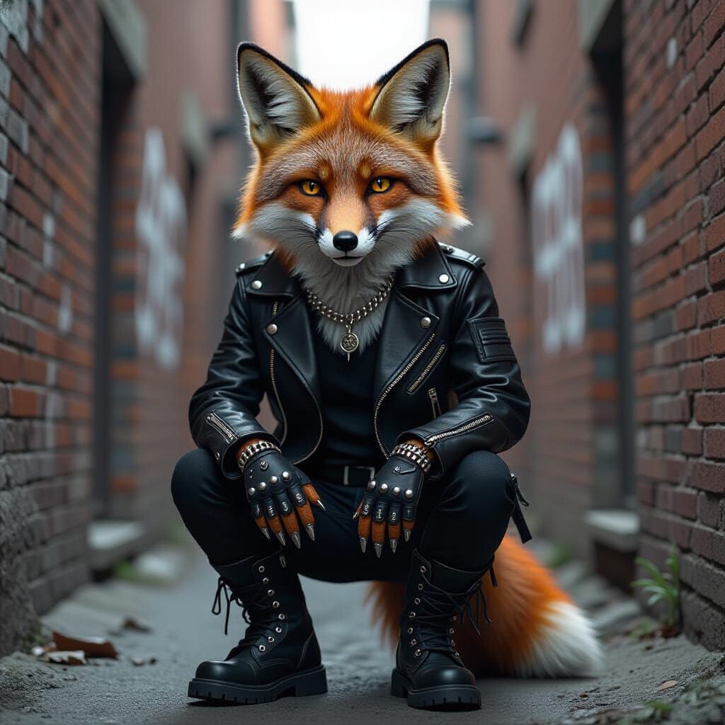 Punk Fox in Gritty Alleyway, Edgy Urban Art