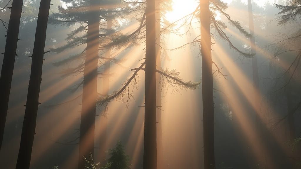 Ethereal Forest Mist with Golden Light Beams