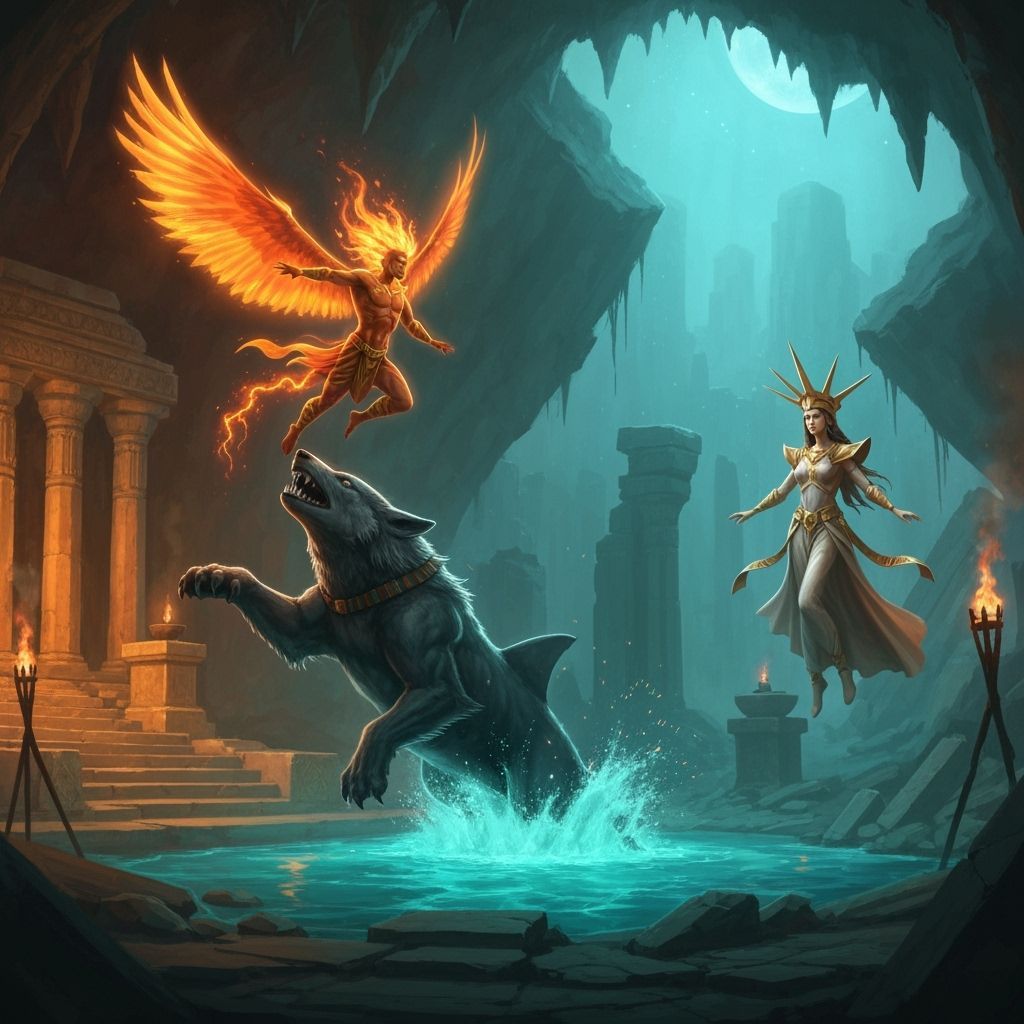 Sun-God Wrestles Akhlut in Collapsed Techpunk Ruins