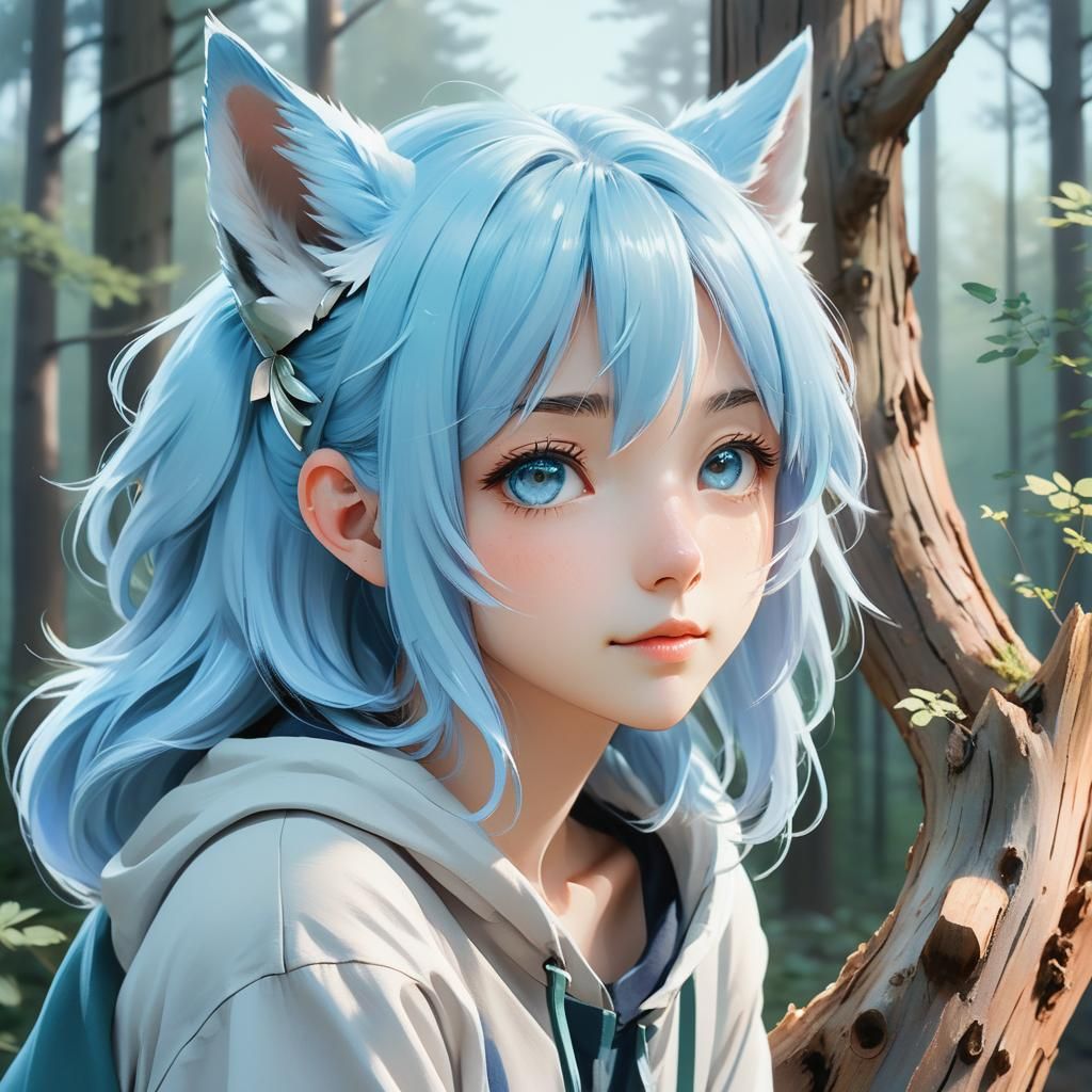Anime Girl with Wolf Ears in Forest, Pastel Art
