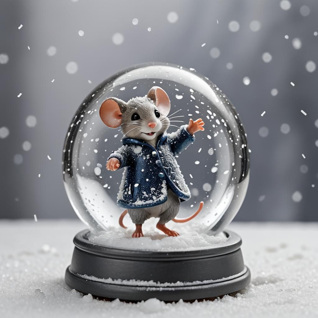 Mouse-Human Figurine Dancing in Snow Globe
