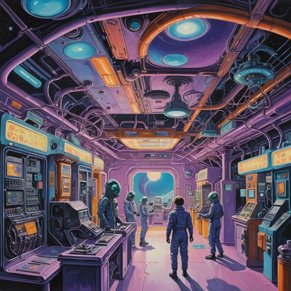 Sci-Fi Gas Station in Space with Aliens: Gouache Painting