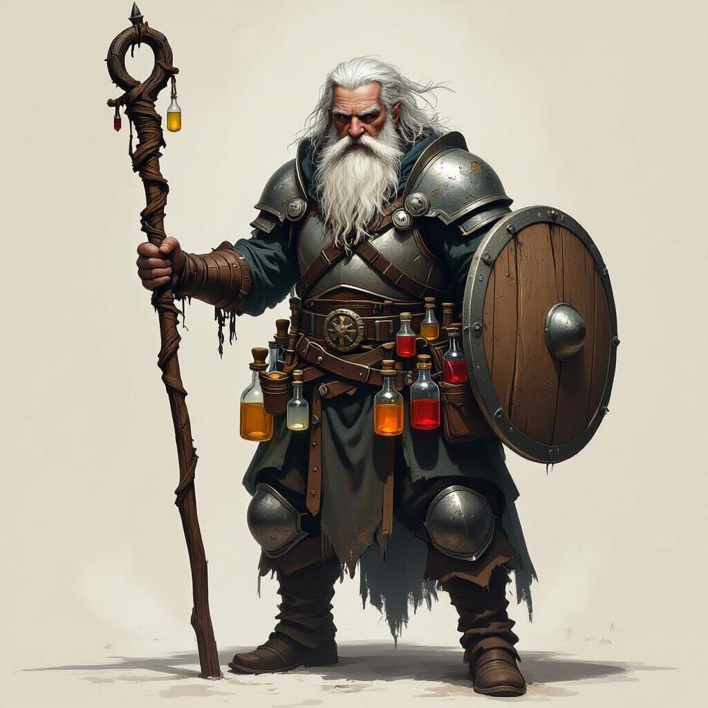 Elderly Alchemist Warrior in Dark Fantasy Concept Art