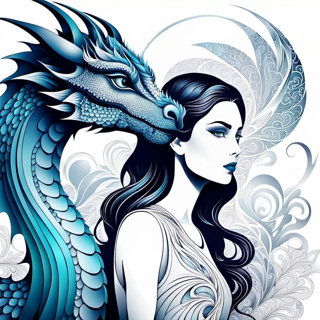 Art Nouveau Girl with Dragon Pet