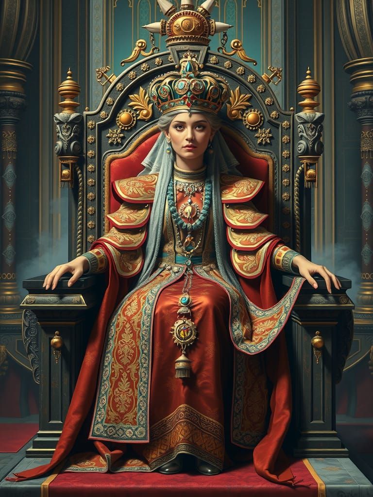 Powerful Woman on Throne in Concept Art Style