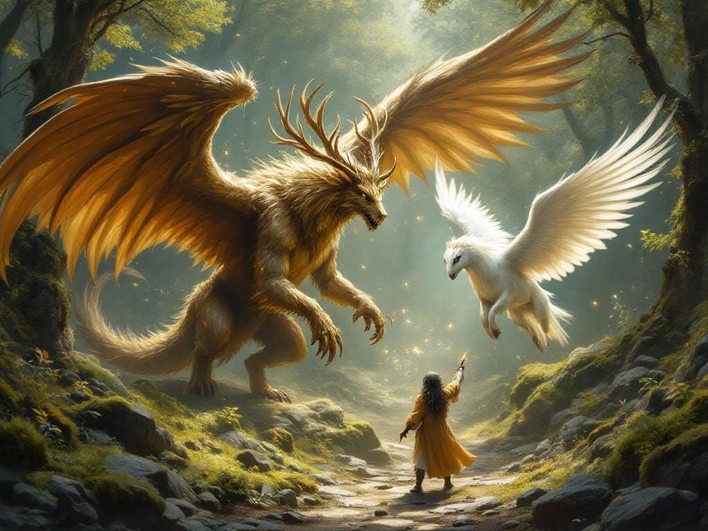 Griffin and Pegasus Battle in a Magical Forest