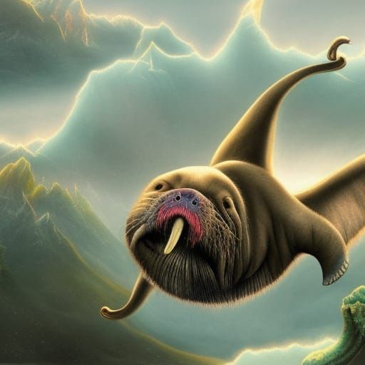 Ethereal Wicked Walrus Flying Over a Magical Landscape, fantasy art, lighting, delicate, enchanting, mystical, otherworl...