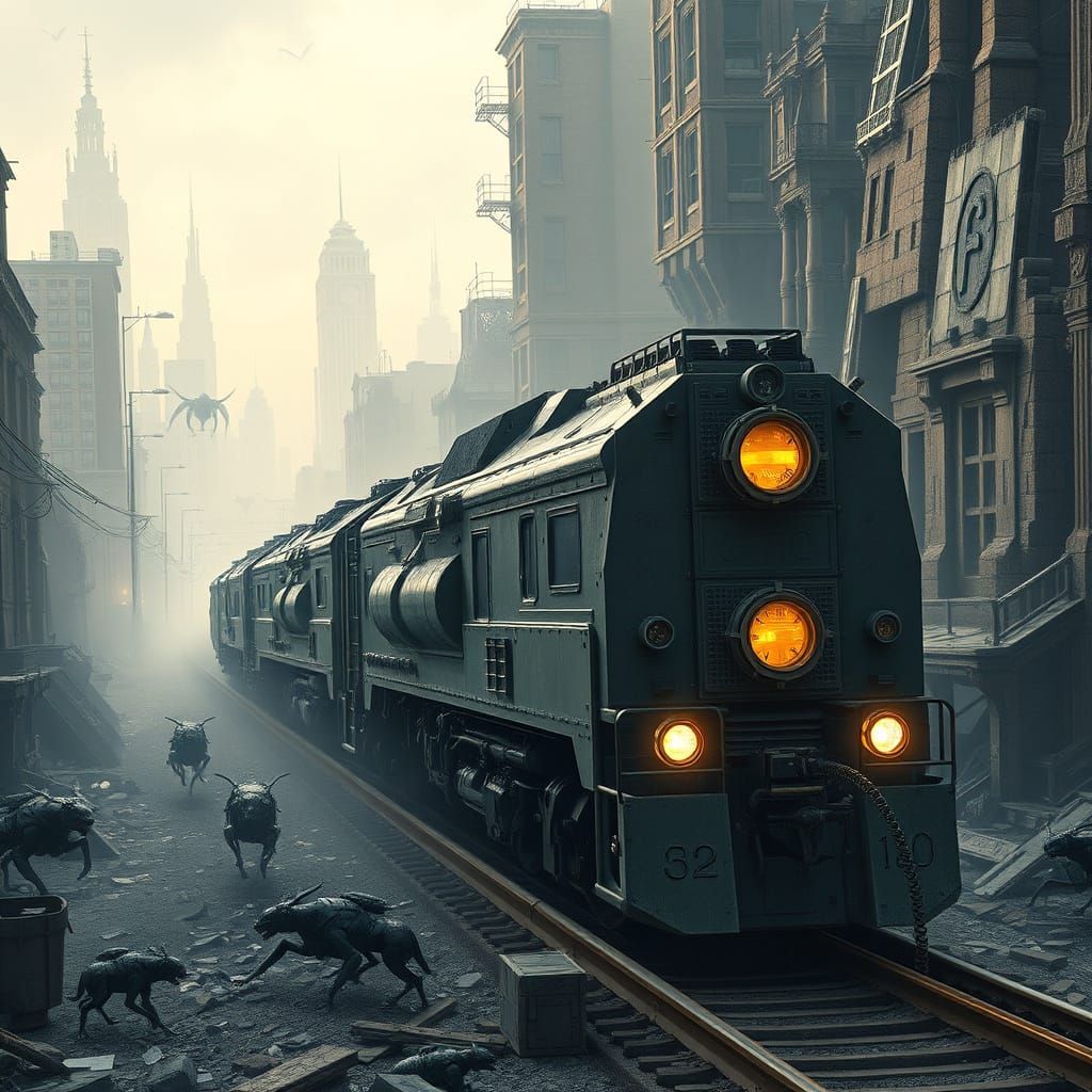 Armored Train Beset by Hybrids in Ruined Cityscape