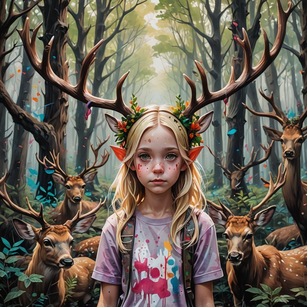 Girl with Antlers and Deer in Forest: Graffiti Art