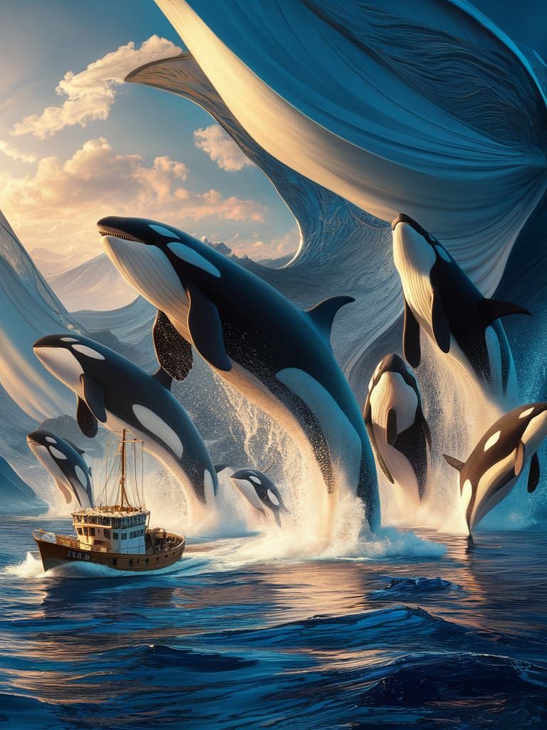 Orcas Leaping in Golden Sunlight
