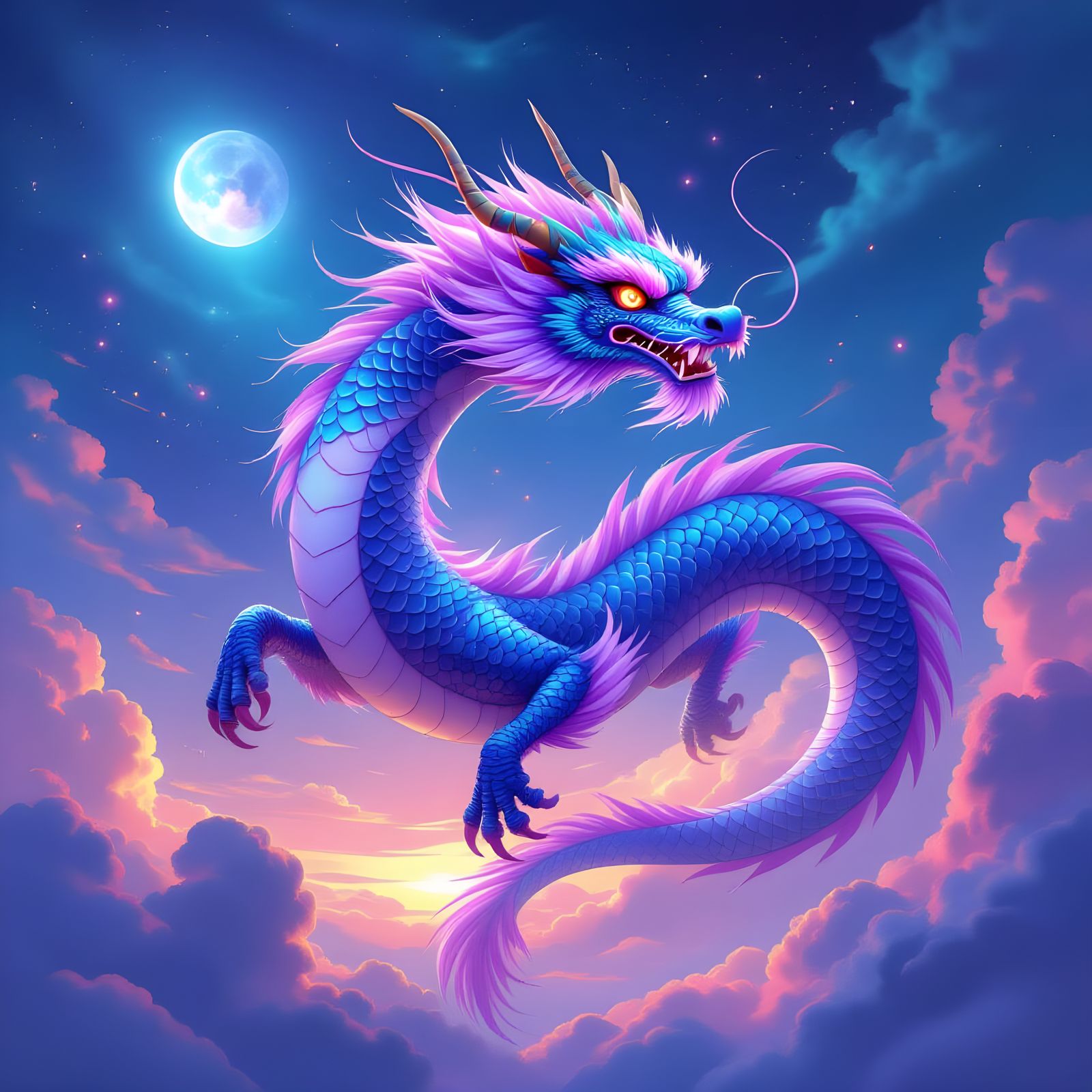 Majestic Purple Dragon Soars Through Celestial Sky