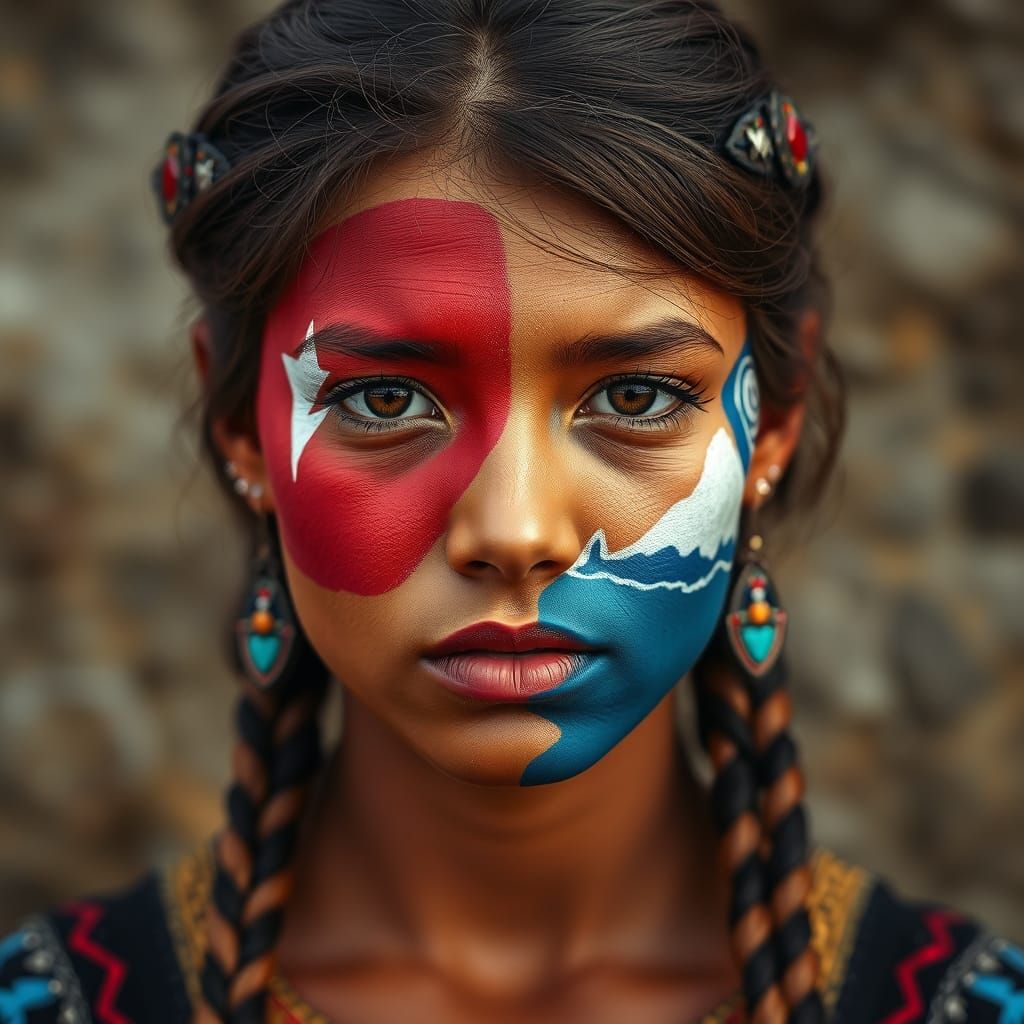 Woman with Painted Face Reflecting Mapuche Heritage