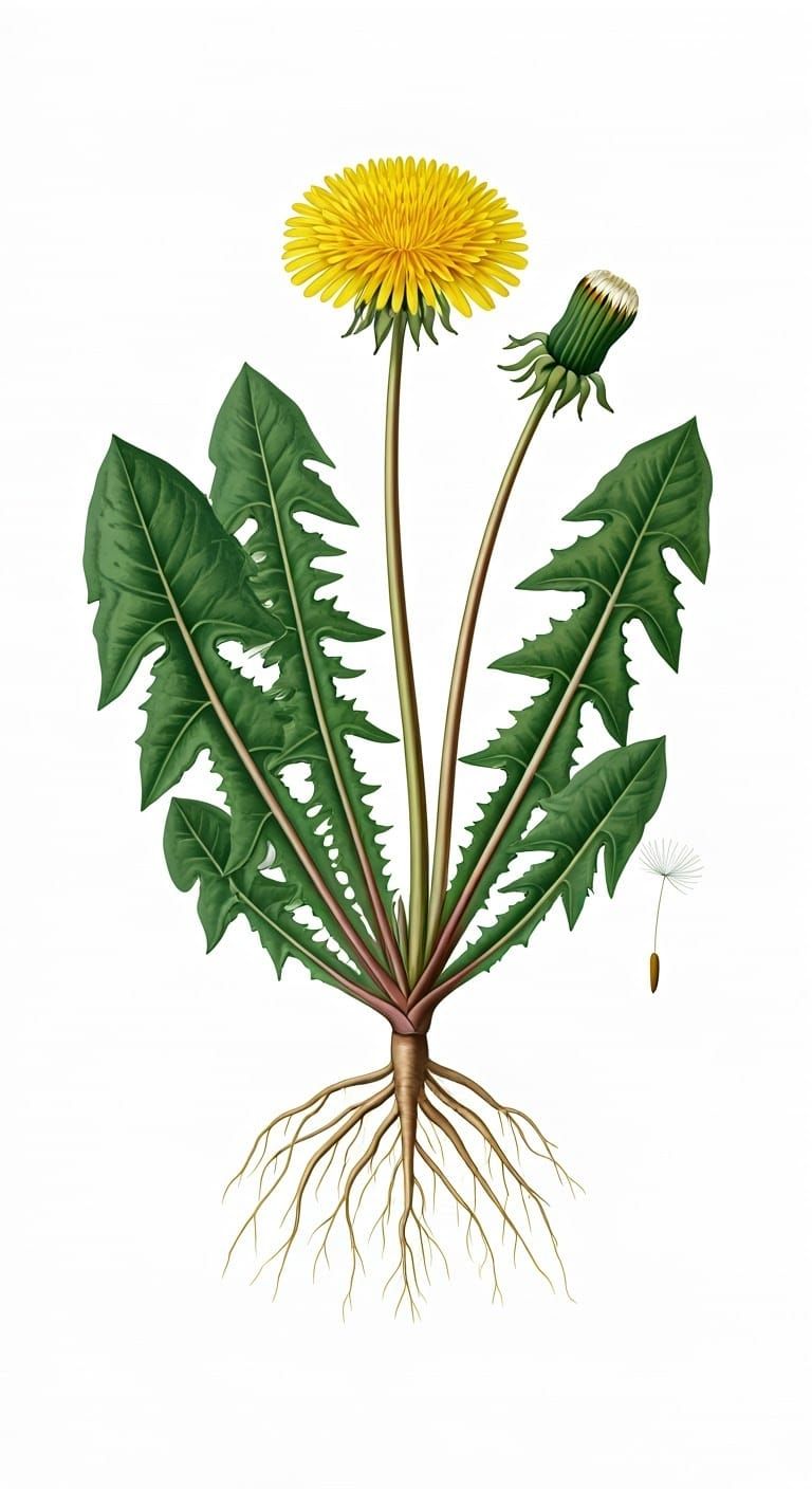 Dramatic 18th-Century Style Botanical Illustration of Taraxa...