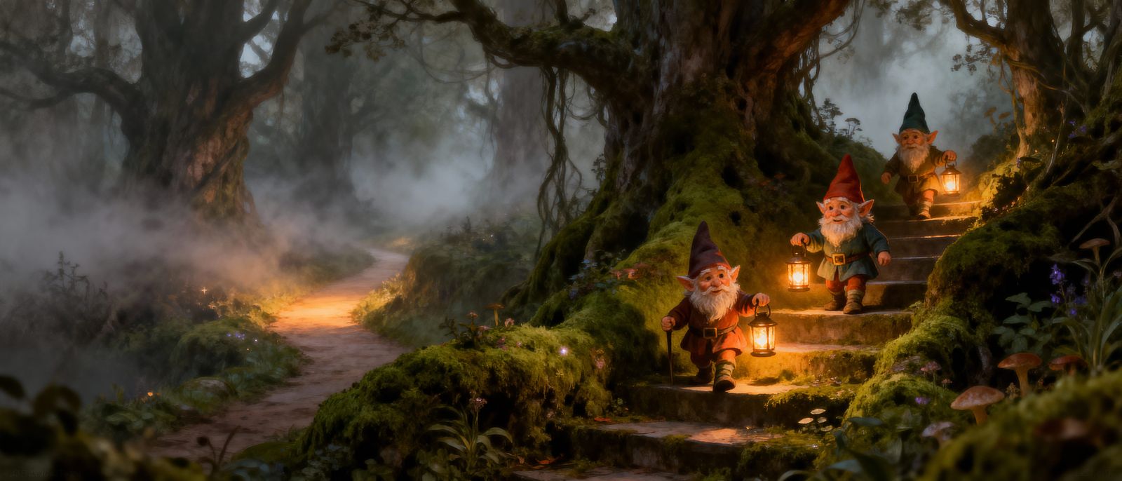 Whimsical Gnomes Descend Magical Staircase