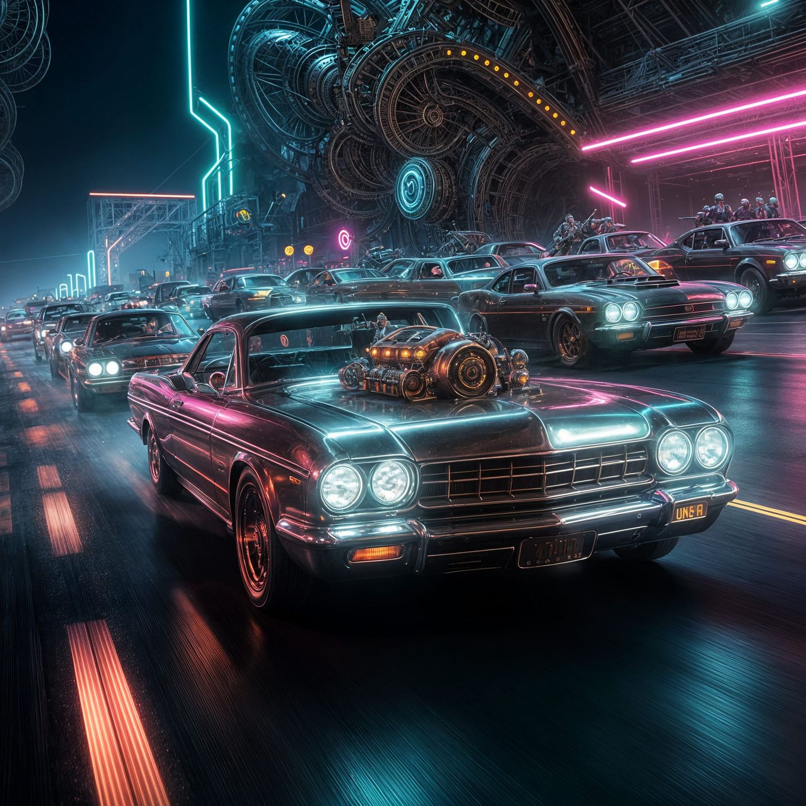 Classic Module Cars Racing in Hyper-Realistic Neon Steampunk...
