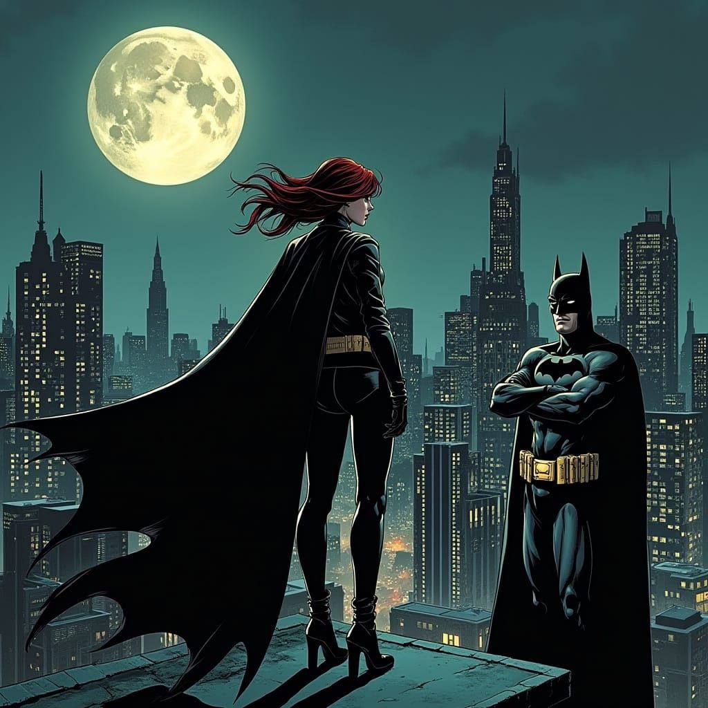 Rogue and Batman Overlook Gotham in Comic Book Style