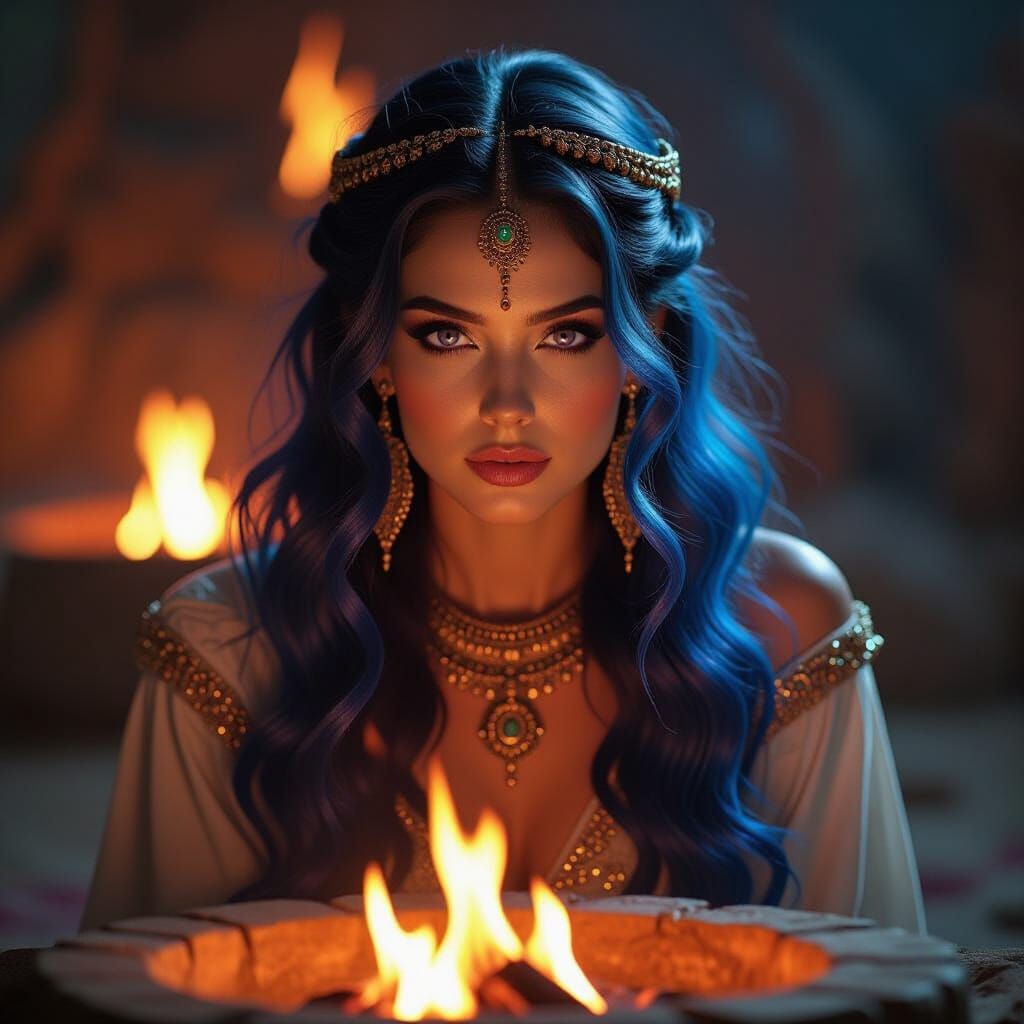 Anunnaki Priestess with Sapphire Hair in Warm Firelight