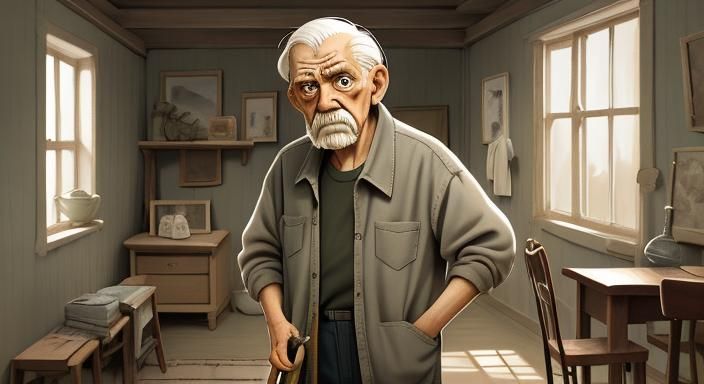 Weary Elderly Man in Watercolor Cartoon Style