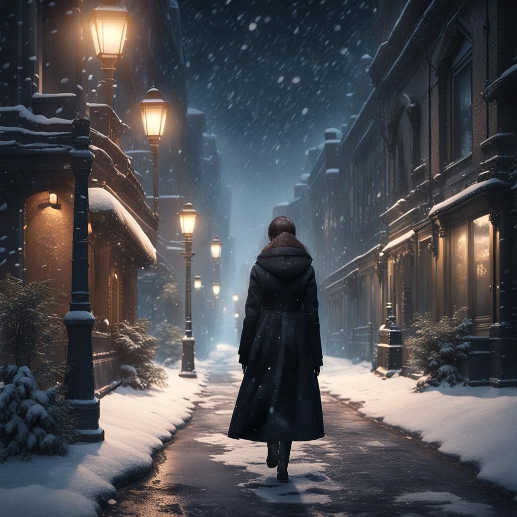 Girl in Black Coat Walks Snowy Street