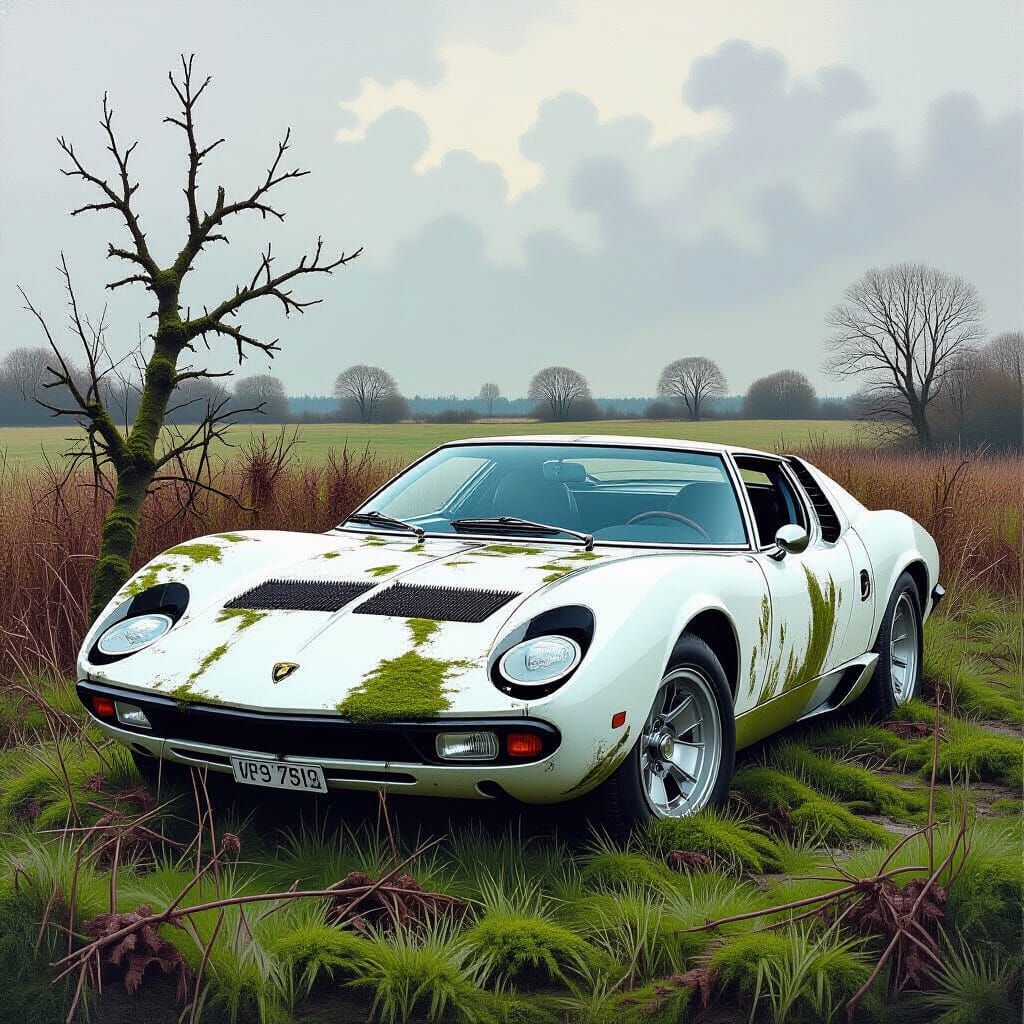 Abandoned Lamborghini Miura in Overgrown Field, Impasto Oil ...
