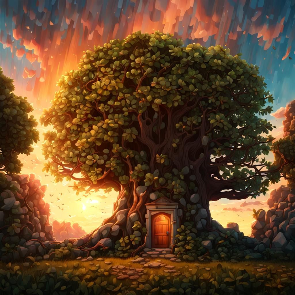 Ghibli style low angle view of a massive tree with a small opened door