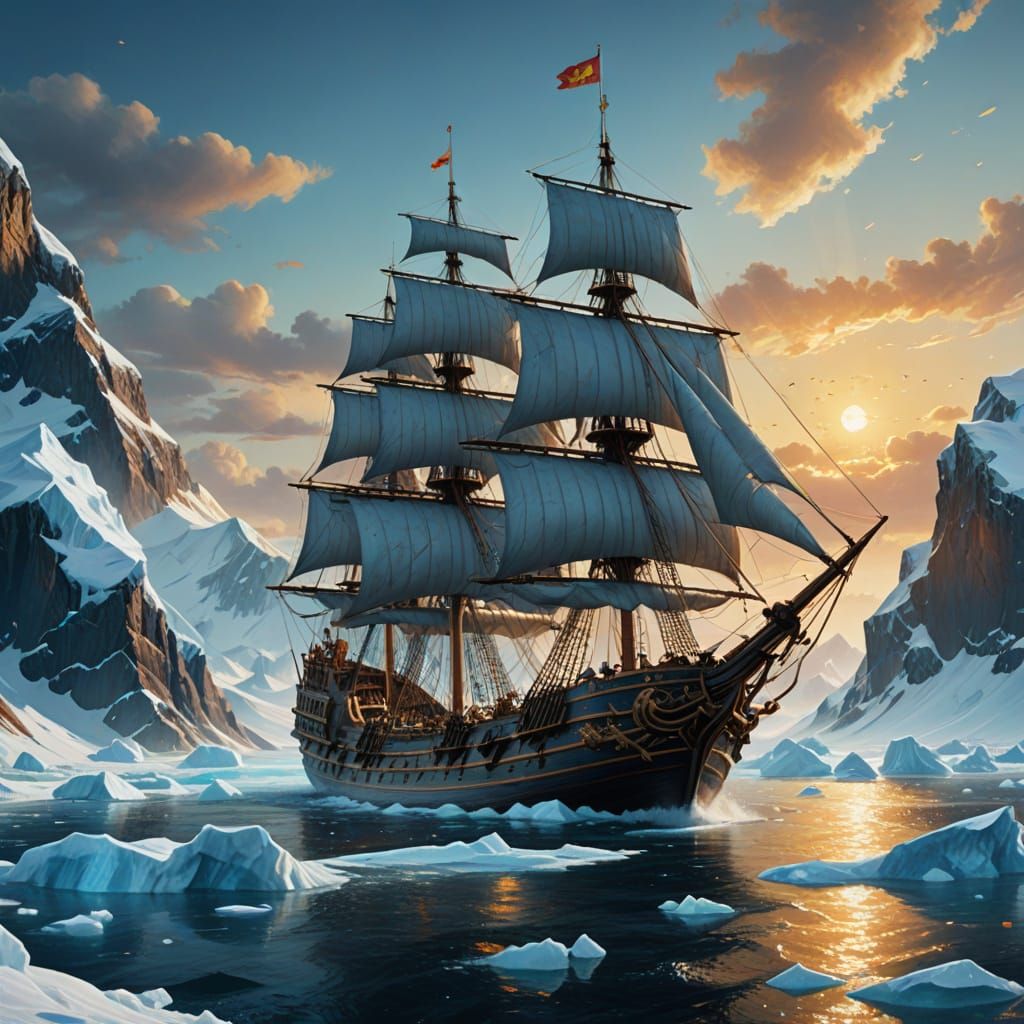 Majestic Galleon Sails Arctic: Vibrant Oil Painting