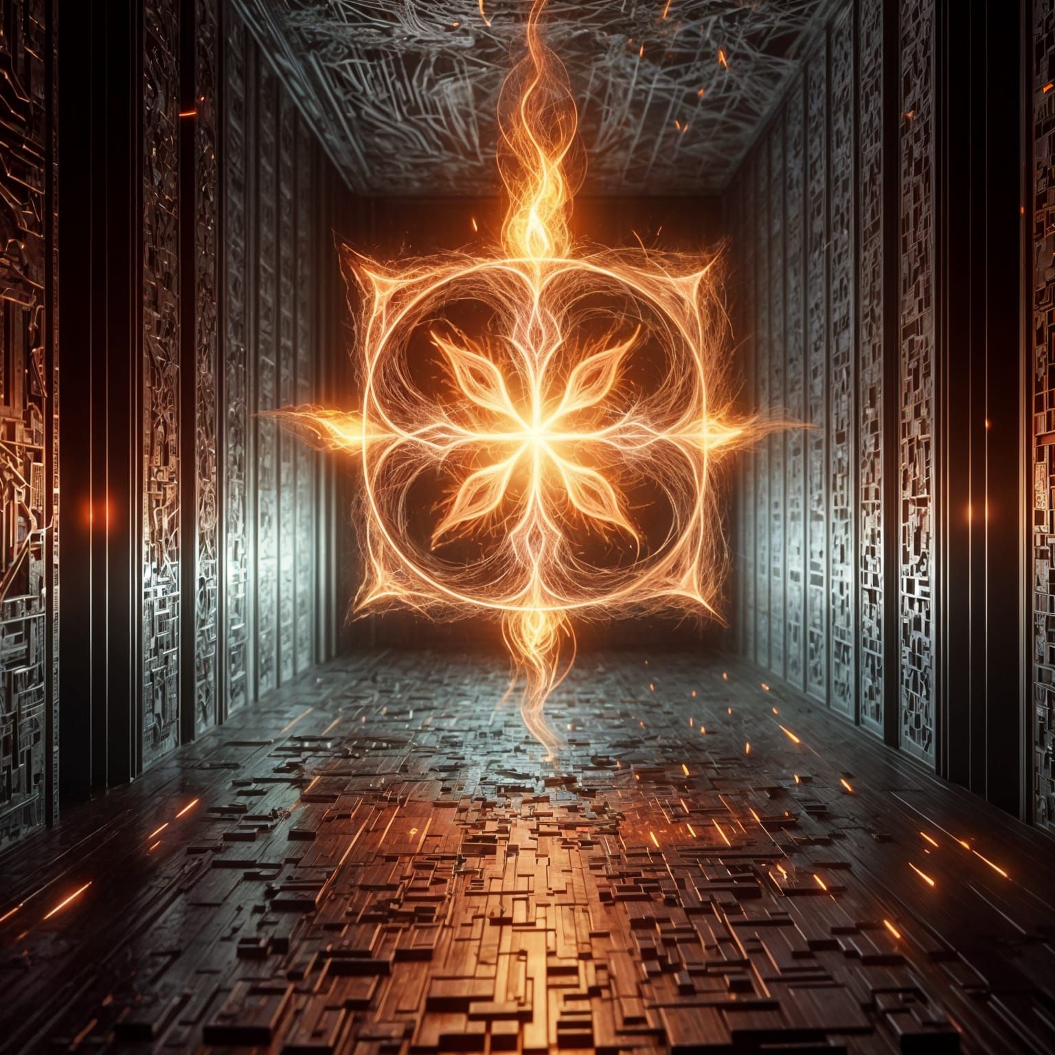 Fractal Flame Rune in Dark Room: High-Definition Fantasy